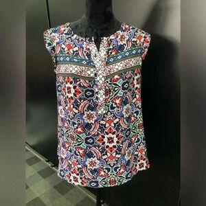 LOFT Floral 1/2 button down,ruffle cap sleeve top/blouse Navy/red